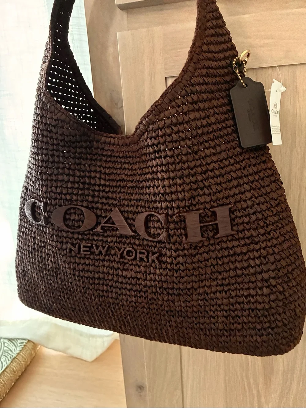 NWT🍁Coach Brooklyn Shoulder Bag 34 Maple Dark Brown CDZ38 Straw Tote Woven Fall